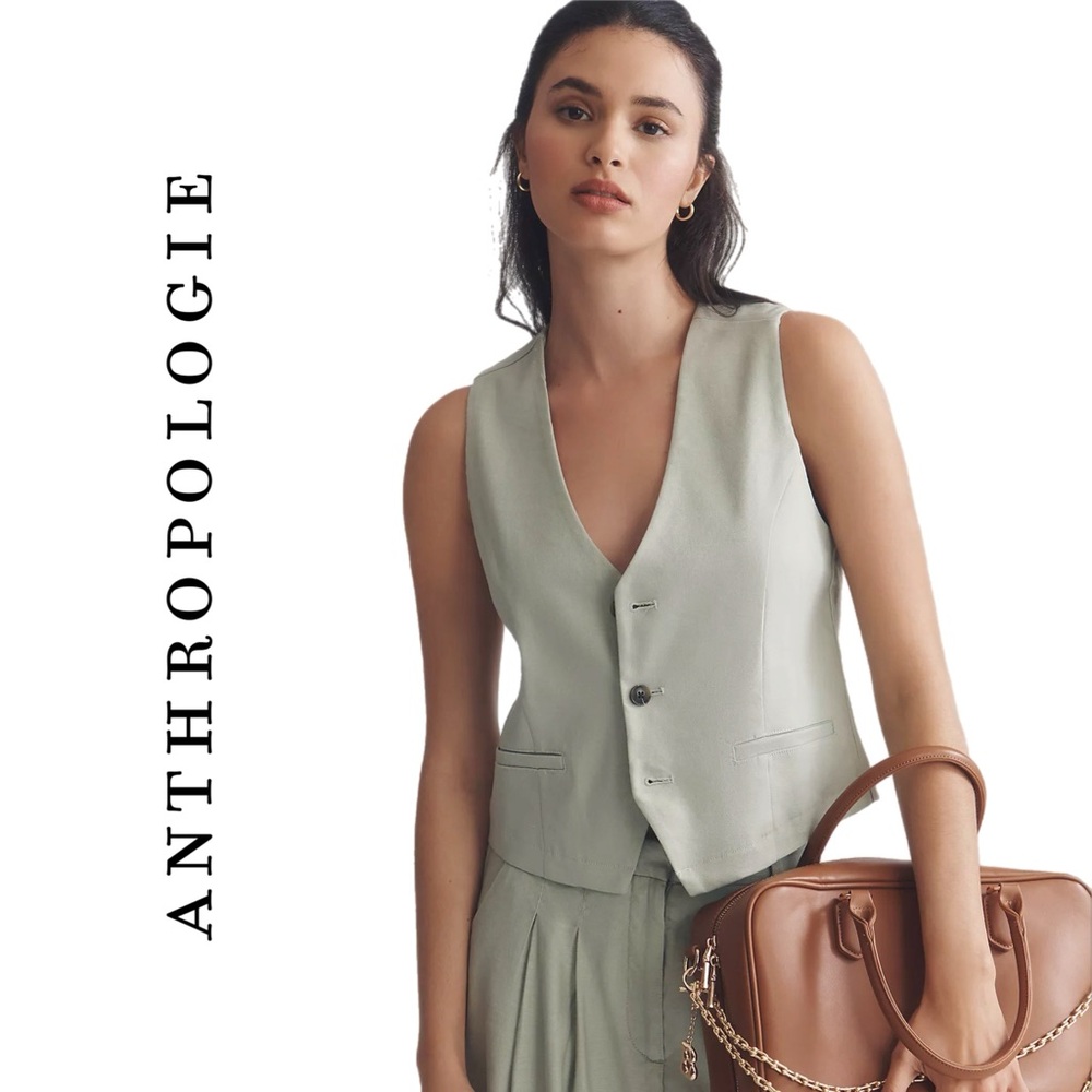 Anthropologie Maeve Linen V-Neck Button-Front Vest